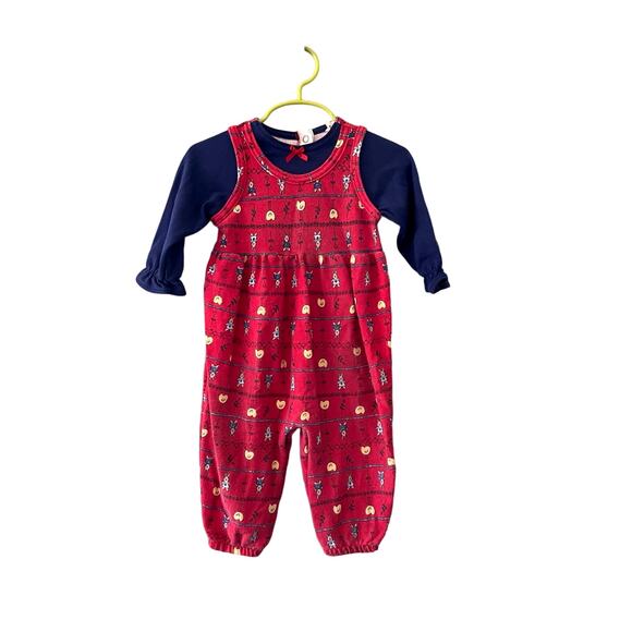 Vintage Healthtex girls 12 month romper Outfit Red Floral Rabbits - Picture 1 of 6